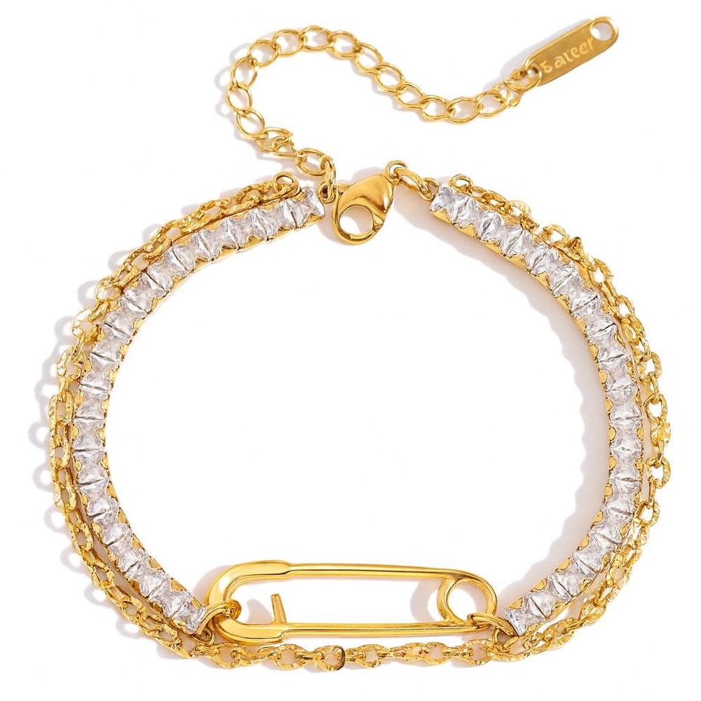 NEW 18K GOLD PLATED LUXE BRACELET – SAFETY PIN TENNIS STYLE